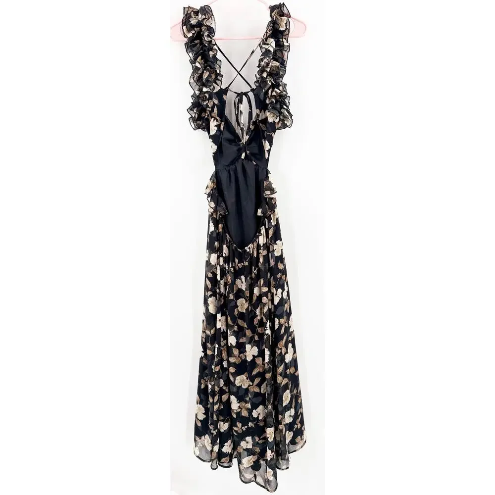 Petal & Pup Lucah Dress Size Large Frill Floral Maxi Wedding Formal Cocktail Blk - Picture 7 of 16